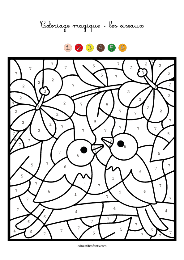 Coloriage magique, les oiseaux, jeu à imprimer, enfants de 4 à 6 ans