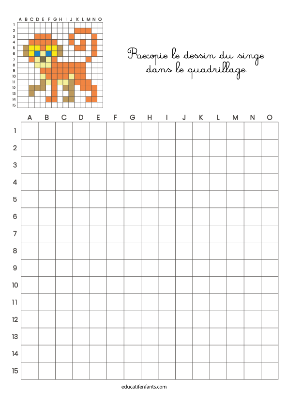 Dessin dans un quadrillage, un singe, jeu à imprimer, enfants de 6 à 8 ans