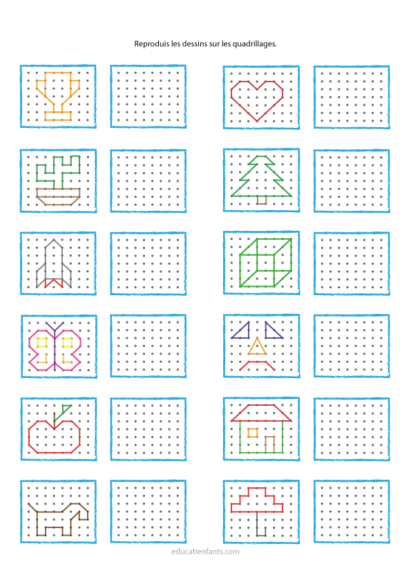 Reproduire sur quadrillages à points, exercice à imprimer, maternelle GS et CP